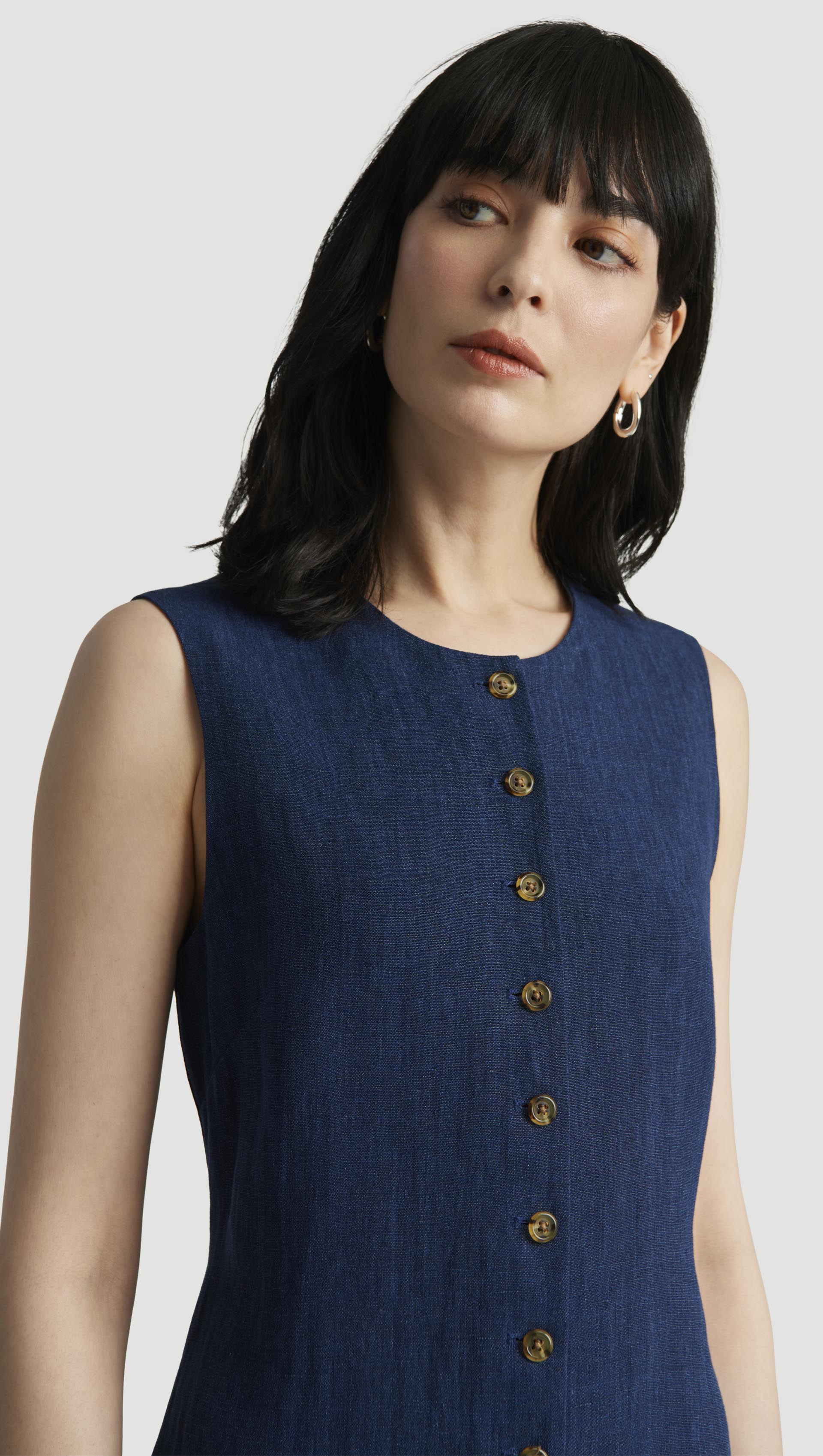 Button Dress In Linen | Denim - Argent